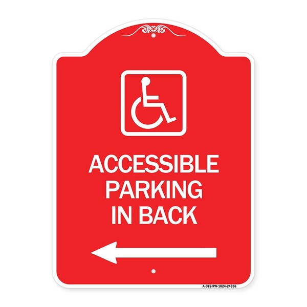 Accessible Parking on Left Arrow W/ Graphic, Red & White Aluminum Sign, 18" x 24", RW-1824-24356